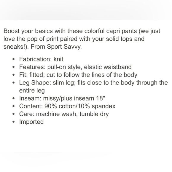 Sport savvy 5xp Floral Print Capri NWOT/NIP - Picture 2 of 8